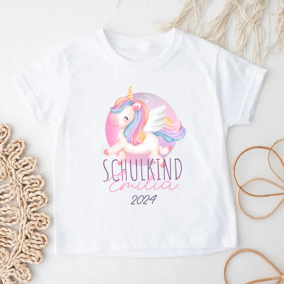 Personalisiertes Kinder T-Shirt - Schulkind mit Name, Jahr & Einhorn