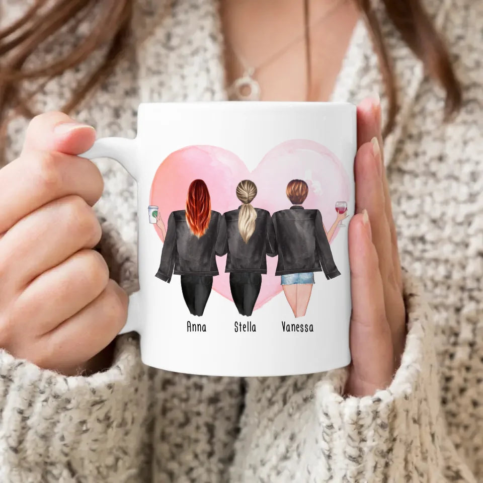 Personalisierte Tasse - Beste Freundinnen mit Jacken (3 Freundinnen)