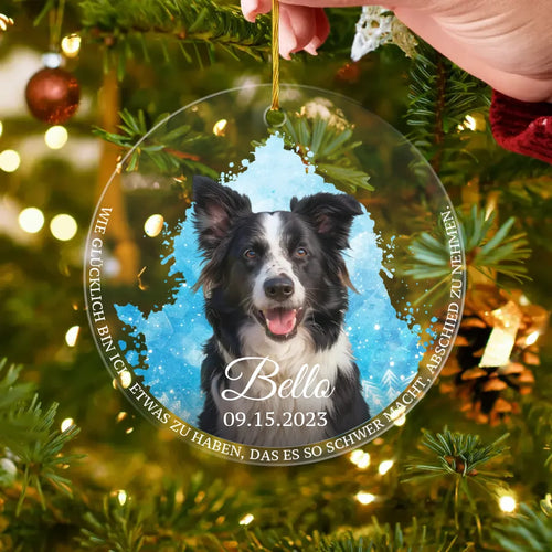 Personalisierter Weihnachtsbaumanhänger - Hund mit Wasserfarbenhintergrund + Name + Datum