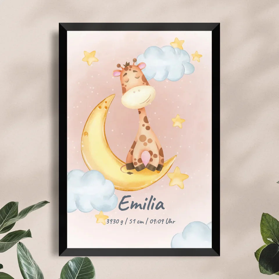 Personalisiertes Baby/Kinder Poster - Mond mit schlafenden Tieren + Kindernamen