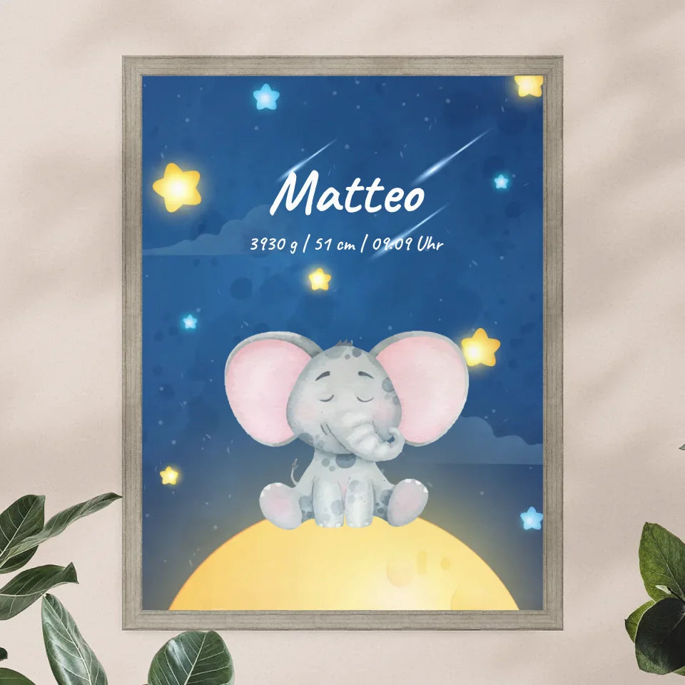 Personalisiertes Baby/Kinder Poster - Sternenhimmel mit schlafenden Tieren + Kindernamen