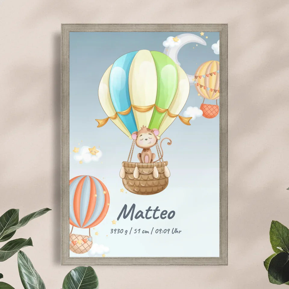 Personalisiertes Baby/Kinder Poster -  Heißluftballon mit schlafenden Tieren + Kindernamen