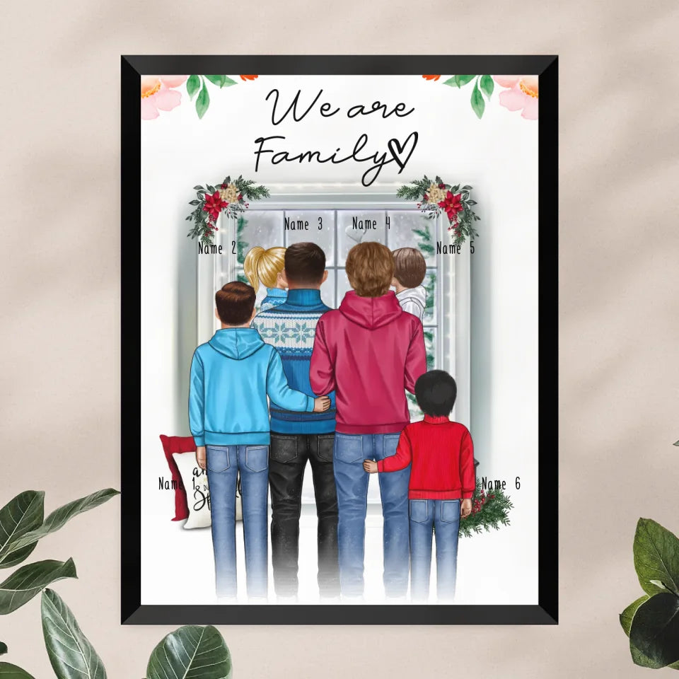 Personalisiertes Poster - Familie (schwul/gleichgeschlechtlich) + 1-4 Kinder - Weihnachtsposter