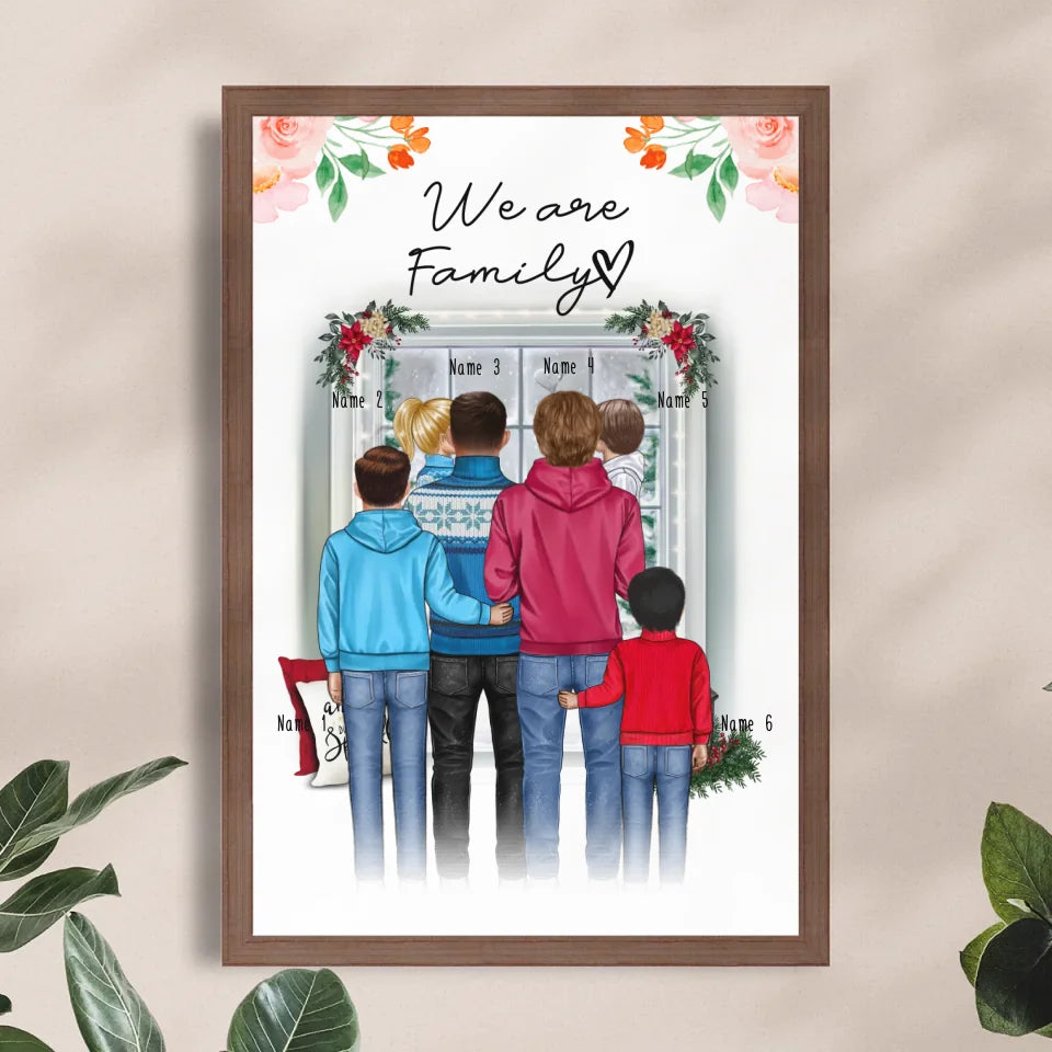 Personalisiertes Poster - Familie (schwul/gleichgeschlechtlich) + 1-4 Kinder - Weihnachtsposter