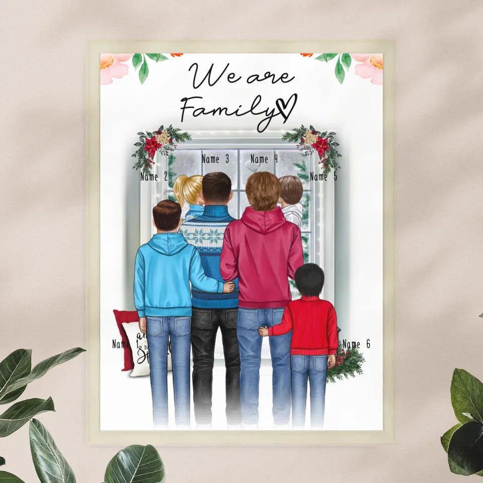 Personalisiertes Poster - Familie (schwul/gleichgeschlechtlich) + 1-4 Kinder - Weihnachtsposter