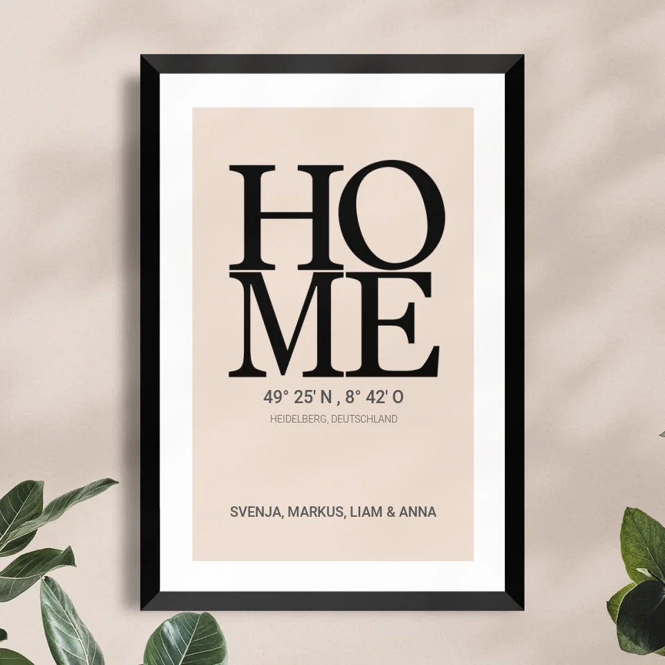 Personalisiertes Poster - HOME mit Koordinaten, Ort und Namen