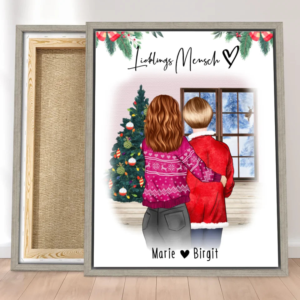 Personalisierte Leinwand - Mutter/Mama + Tochter (stehend) - Weihnachtsleinwand