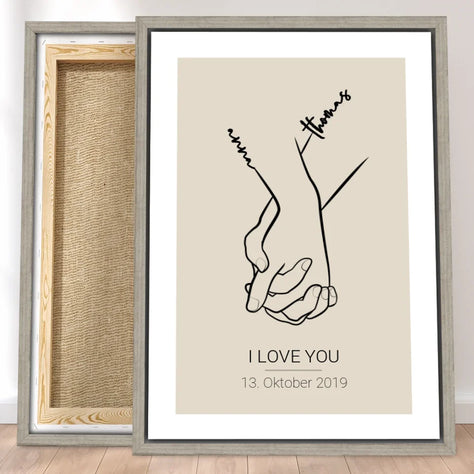 Personalisierte Leinwand - Händchenhalten mit Namen, Spruch und Datum