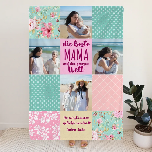 Personalisierte Decke - Patchworkdecke mit 4 Bildern - Die Beste Mama