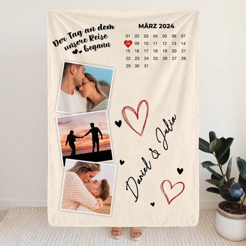 Personalisierte Decke - Der Tag an dem unsere Reise begann - Mit Kalender und Bildern