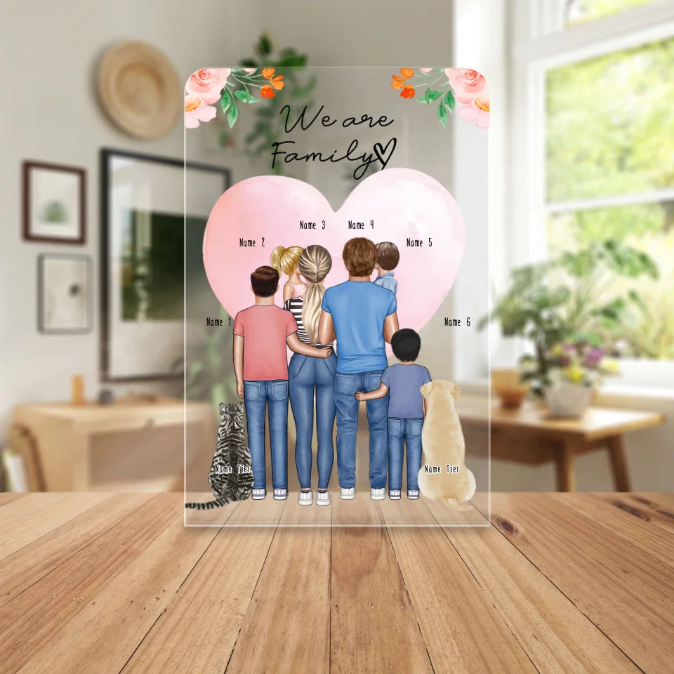 Personalisierte Acrylglasplatte - Familie + 1-4 Kinder + 1-2 Hunde/Katzen