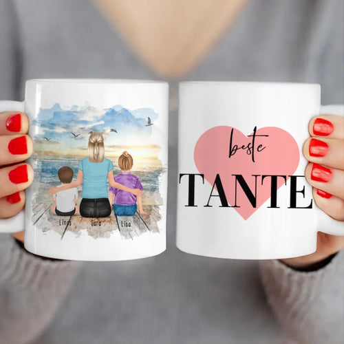 Personalisierte Tasse mit Tante (1 Baby + 1 Kind + 1 Tante)