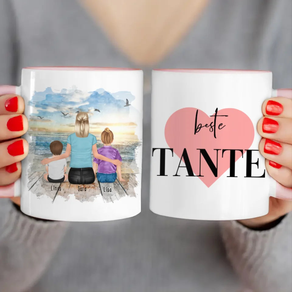 Personalisierte Tasse mit Tante (1 Baby + 1 Kind + 1 Tante)