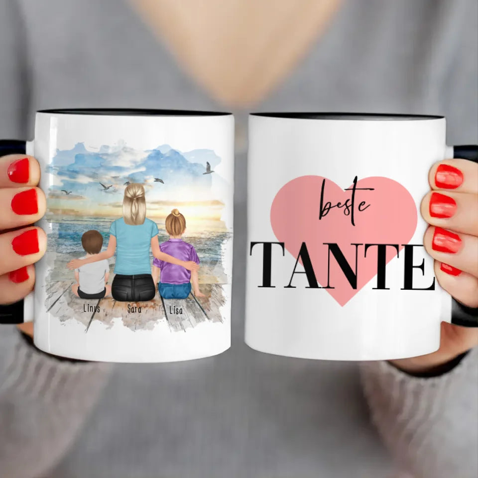 Personalisierte Tasse mit Tante (1 Baby + 1 Kind + 1 Tante)