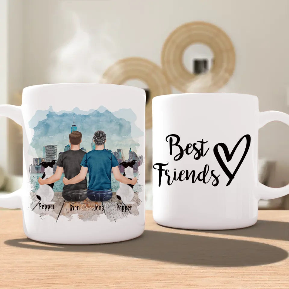 Personalisierte Tasse - 2 Männer + 2 Hunde