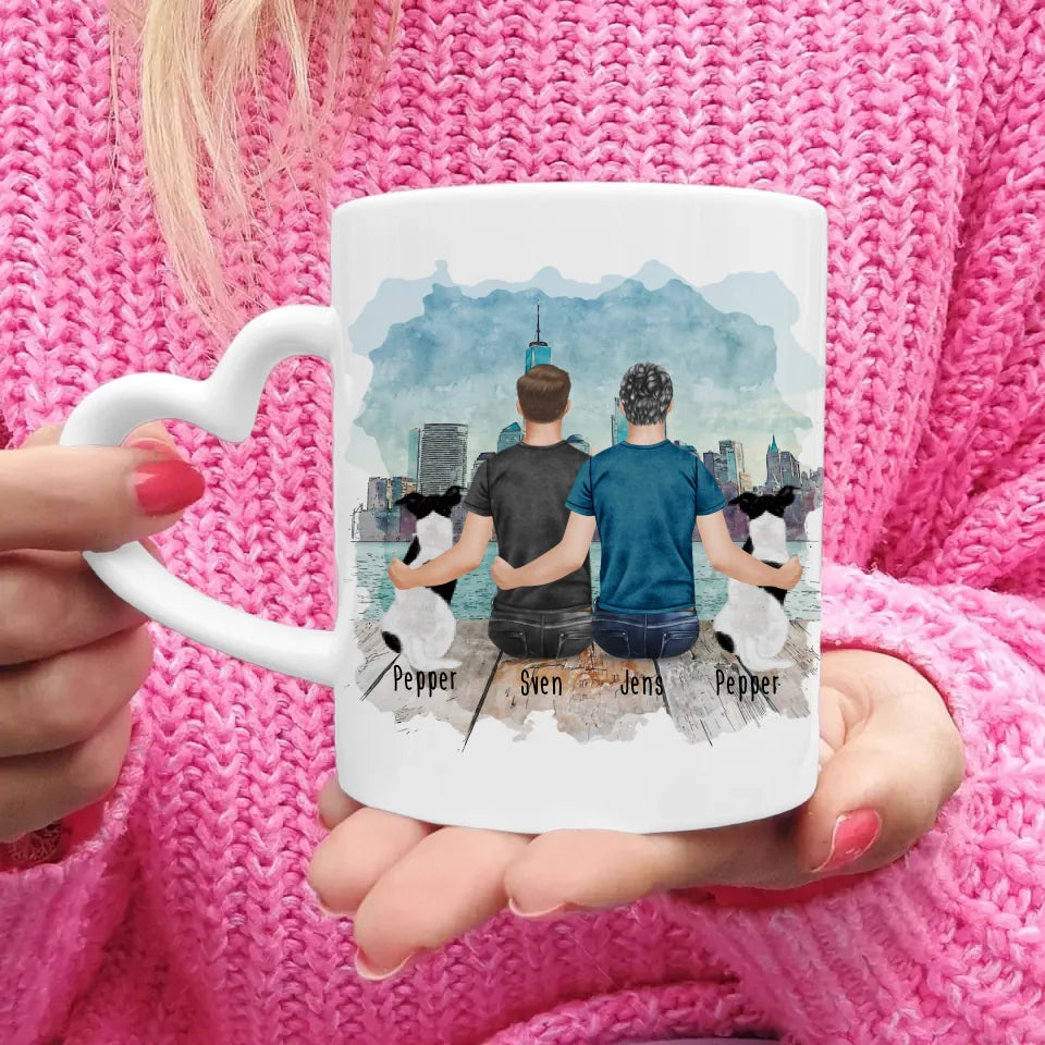 Personalisierte Tasse - 2 Männer + 2 Hunde