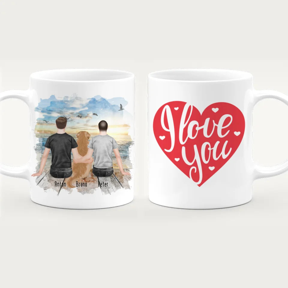 Personalisierte Tasse - 2 Männer + 1 Hund (Hund in der Mitte)