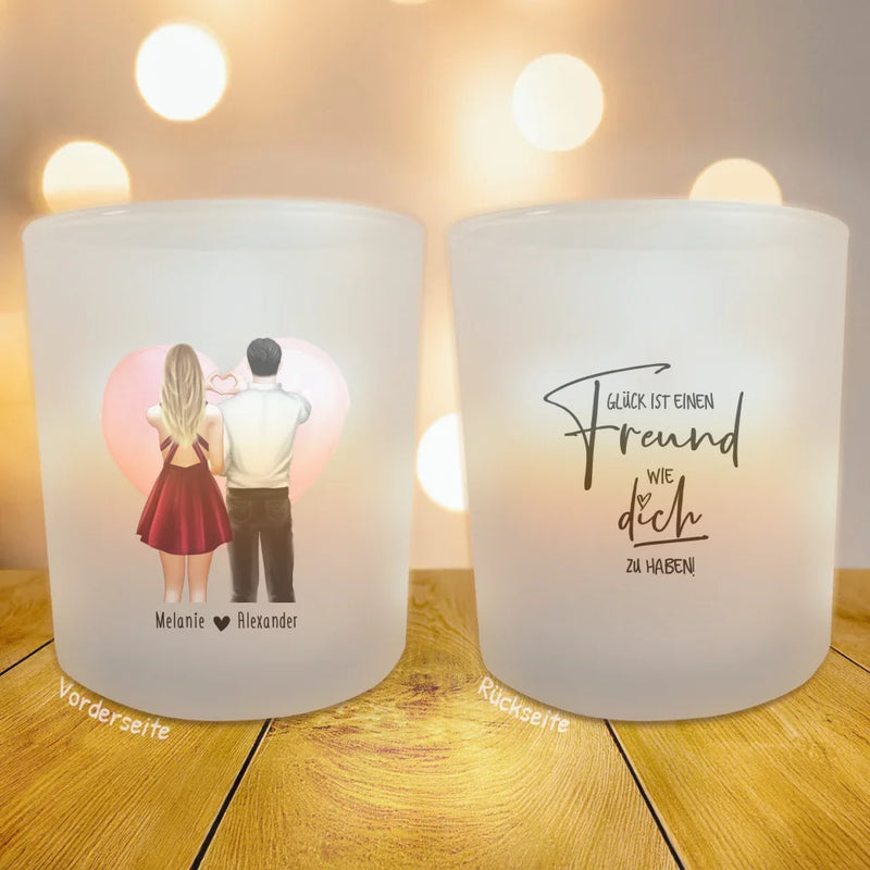 Personalisiertes Teelicht (Satin) - Herz mit Händen - Pärchen Tasse