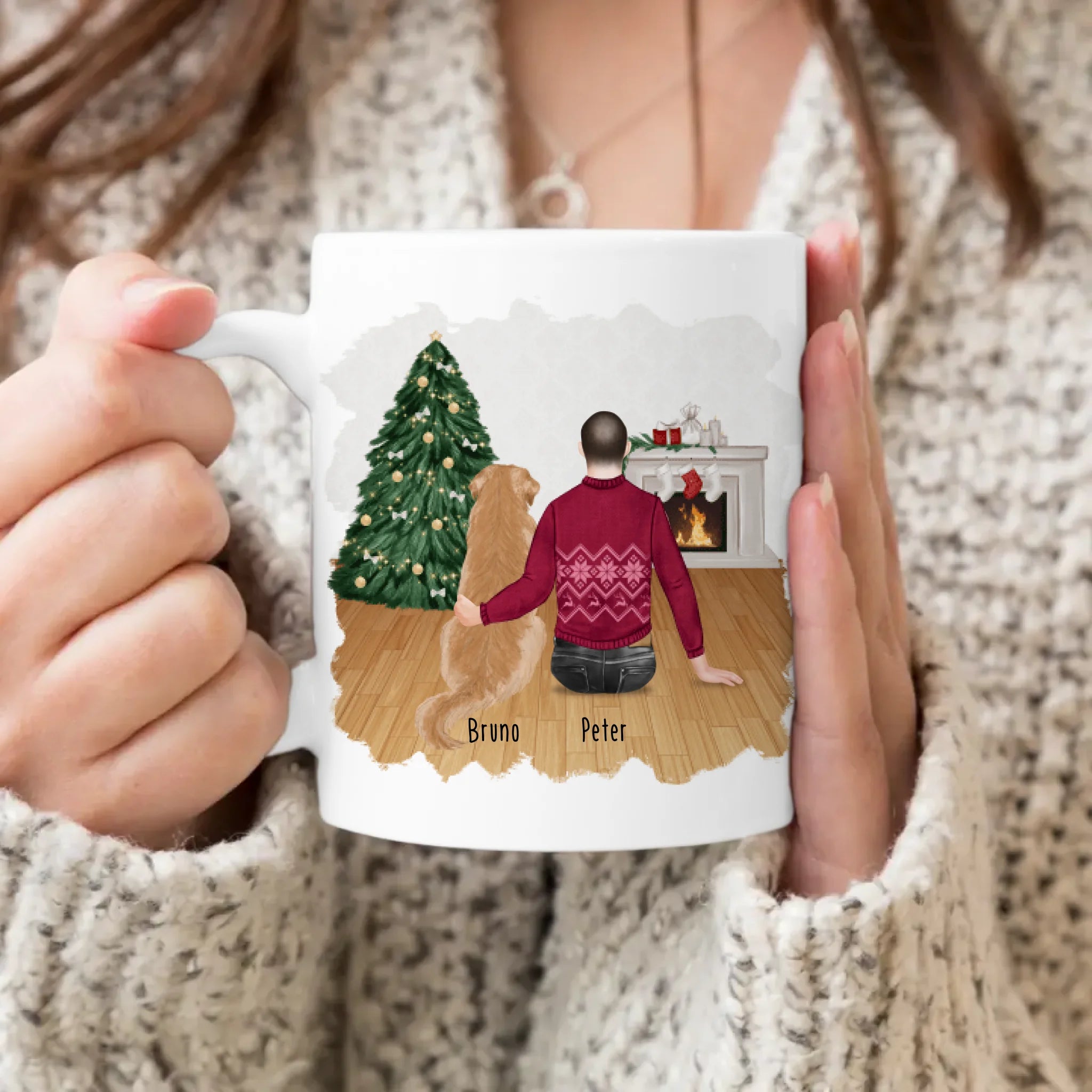 Personalisierte Tasse mit Hund und Mann (1 Hund + 1 Mann) - Weihnachtstasse