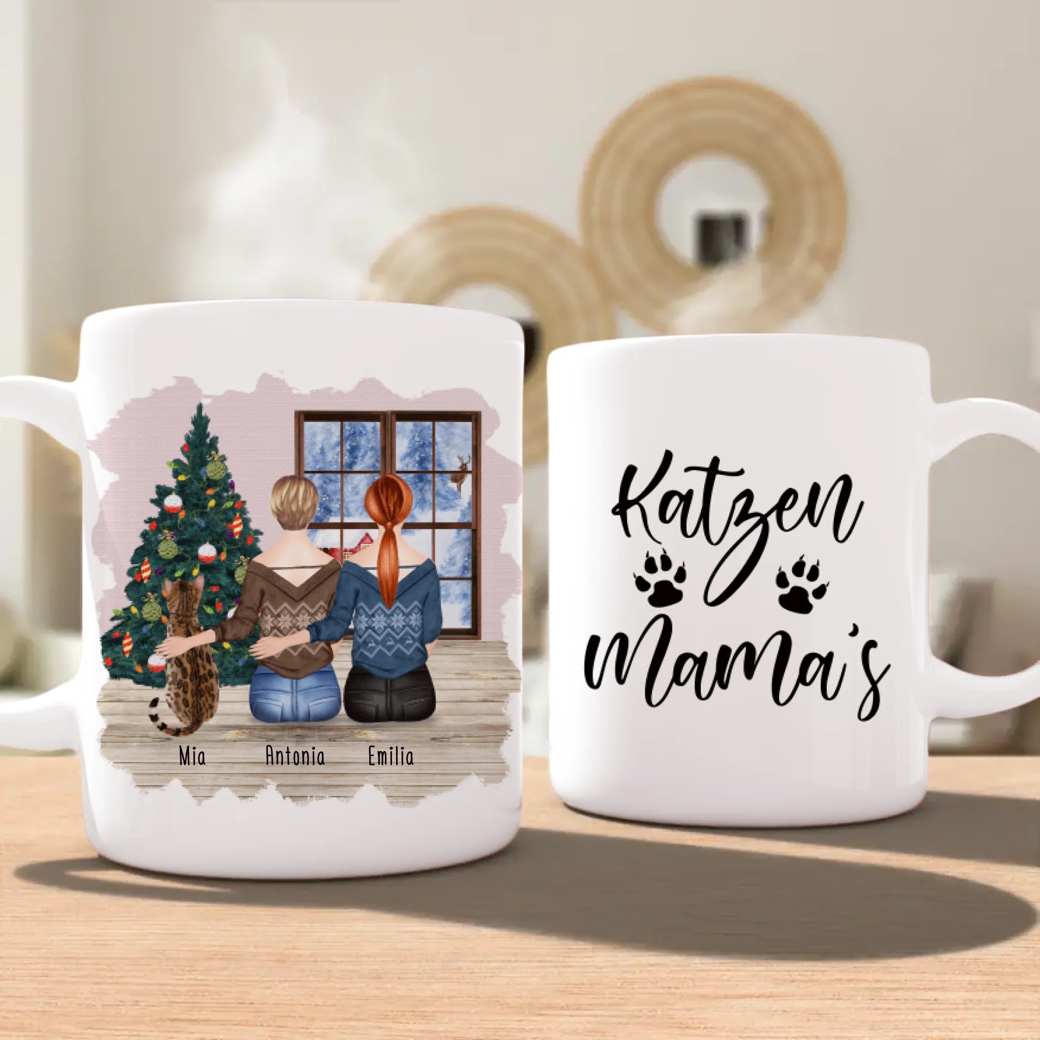 Personalisierte Tasse mit Katze und Frauen (1 Katze + 2 Frauen) - Weihnachtstasse