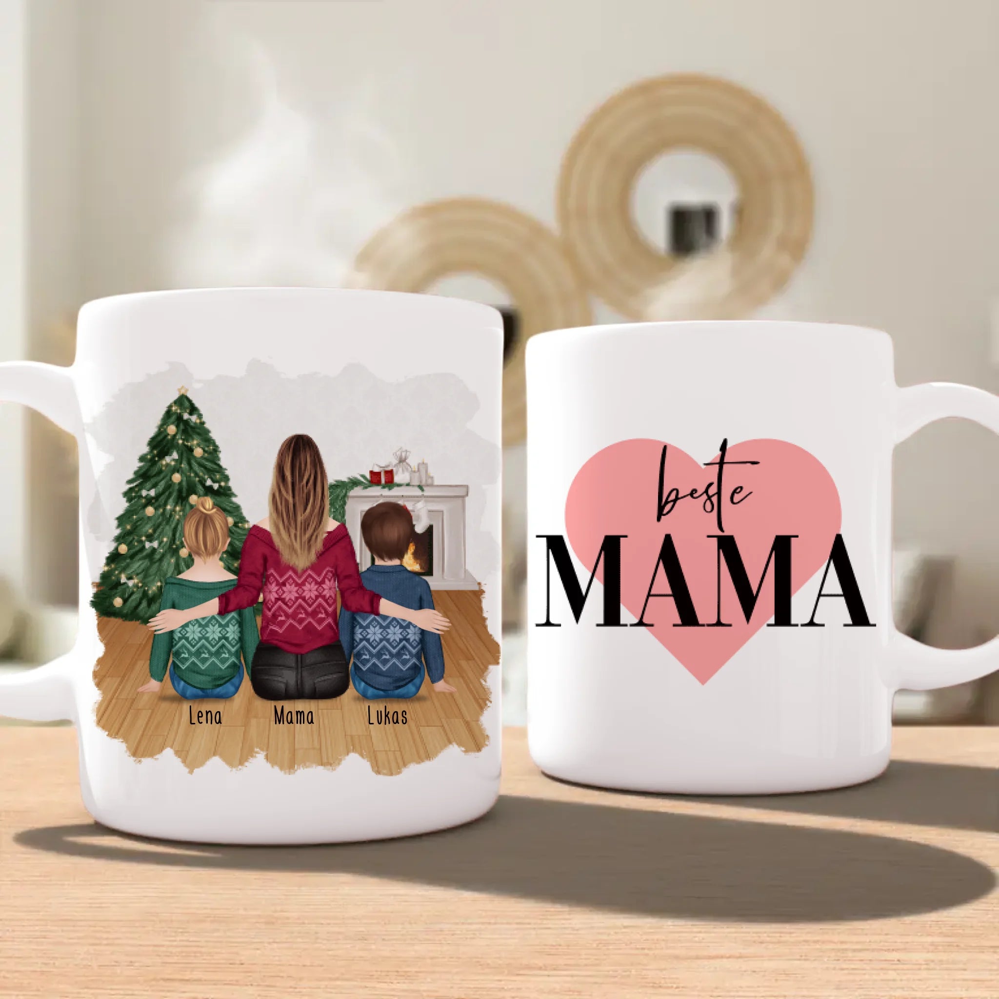 Personalisierte Tasse mit Mutter und Kindern (2 Kinder + 1 Mutter) - Weihnachtstasse