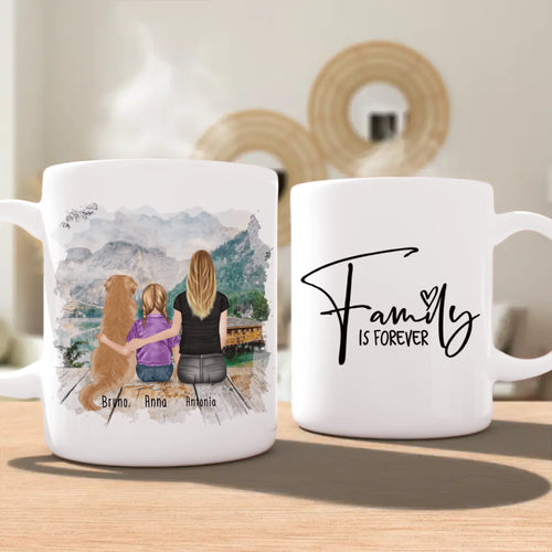 Personalisierte Tasse mit 1 Frau + 1 Kind + 1 Hund