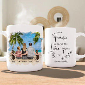Personalisierte Tasse mit Familie + 2 Katzen (1 Kind)