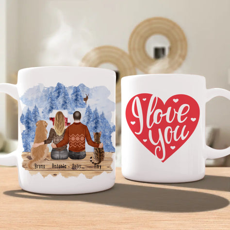 Personalisierte Tasse mit Pärchen und 1 Hund und 1 Katze - Weihnachtstasse