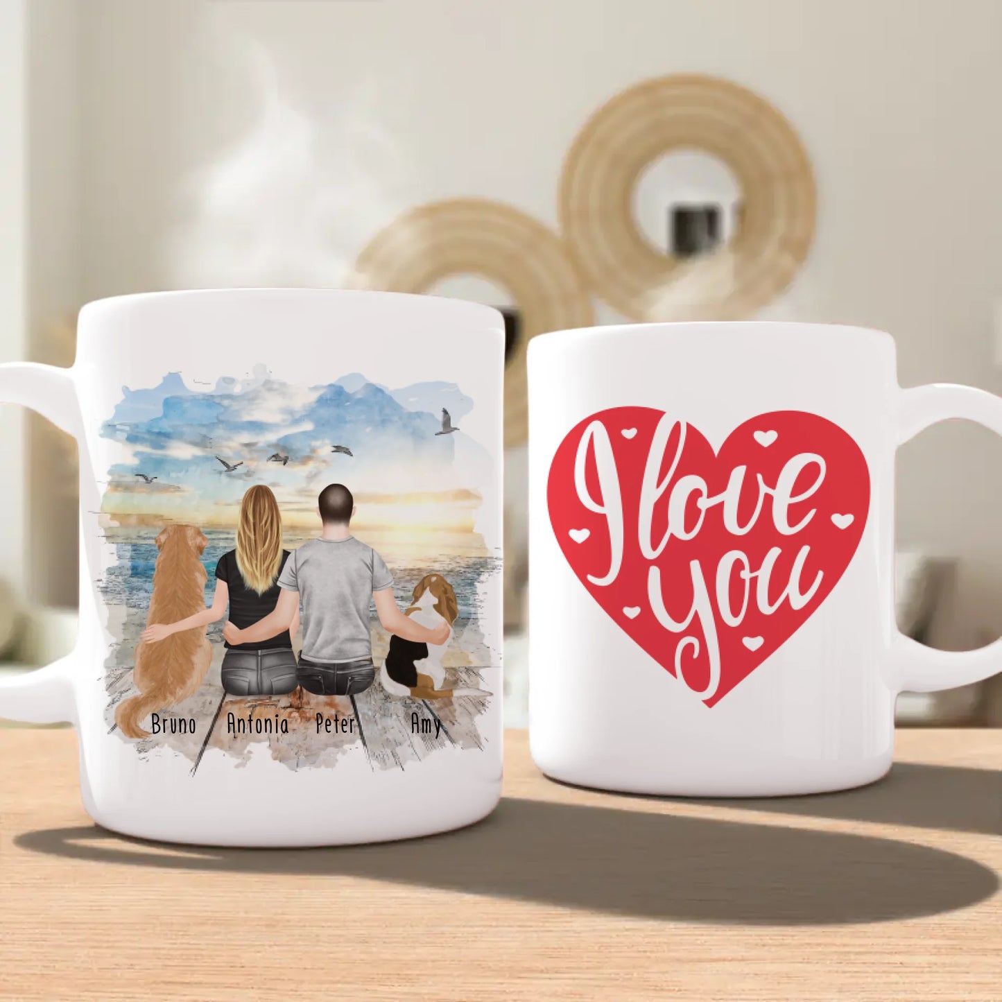 Personalisierte Tasse mit Pärchen und 2 Hunden