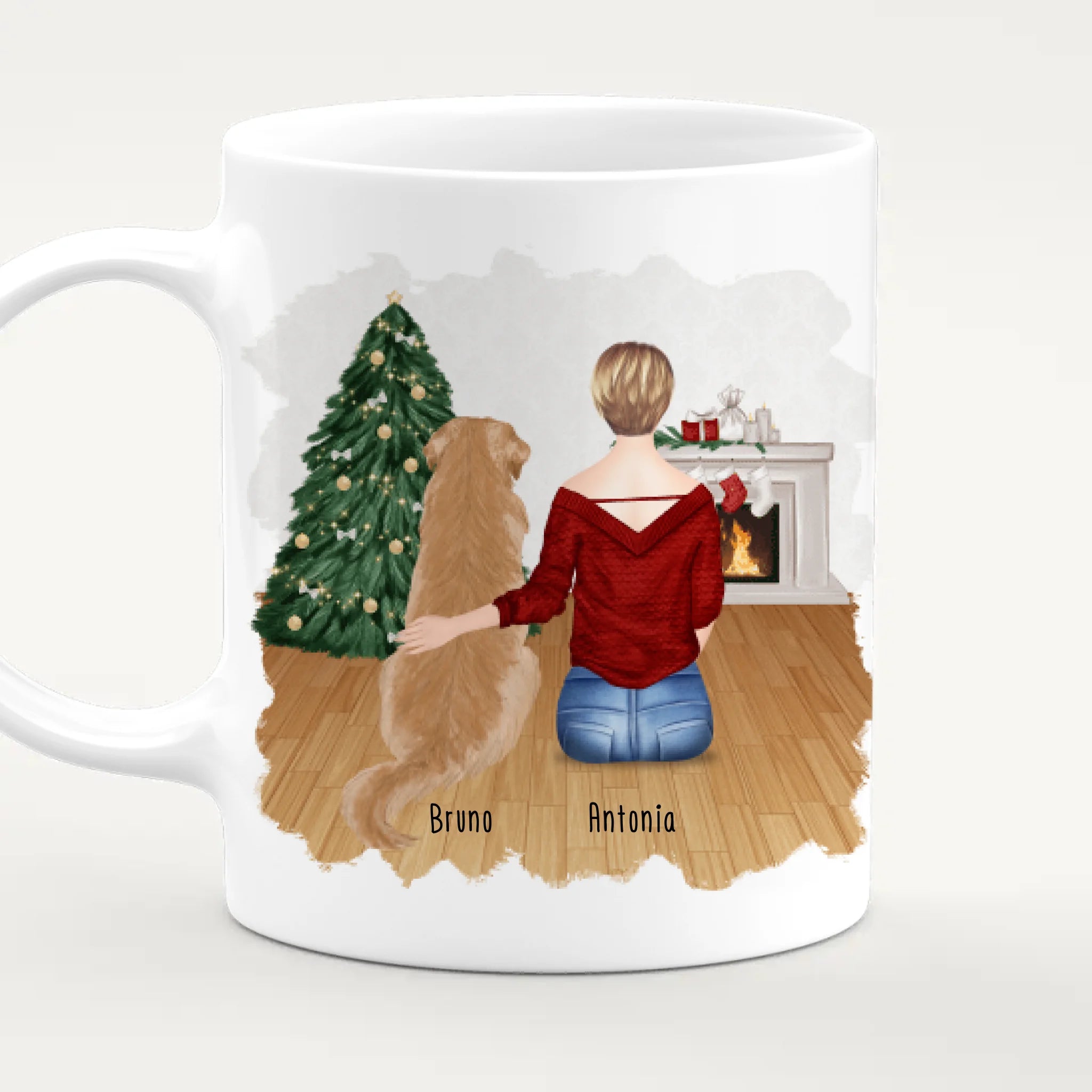 Personalisierte Tasse mit Hund und Frau (1 Hund + 1 Frau) - Weihnachtstasse