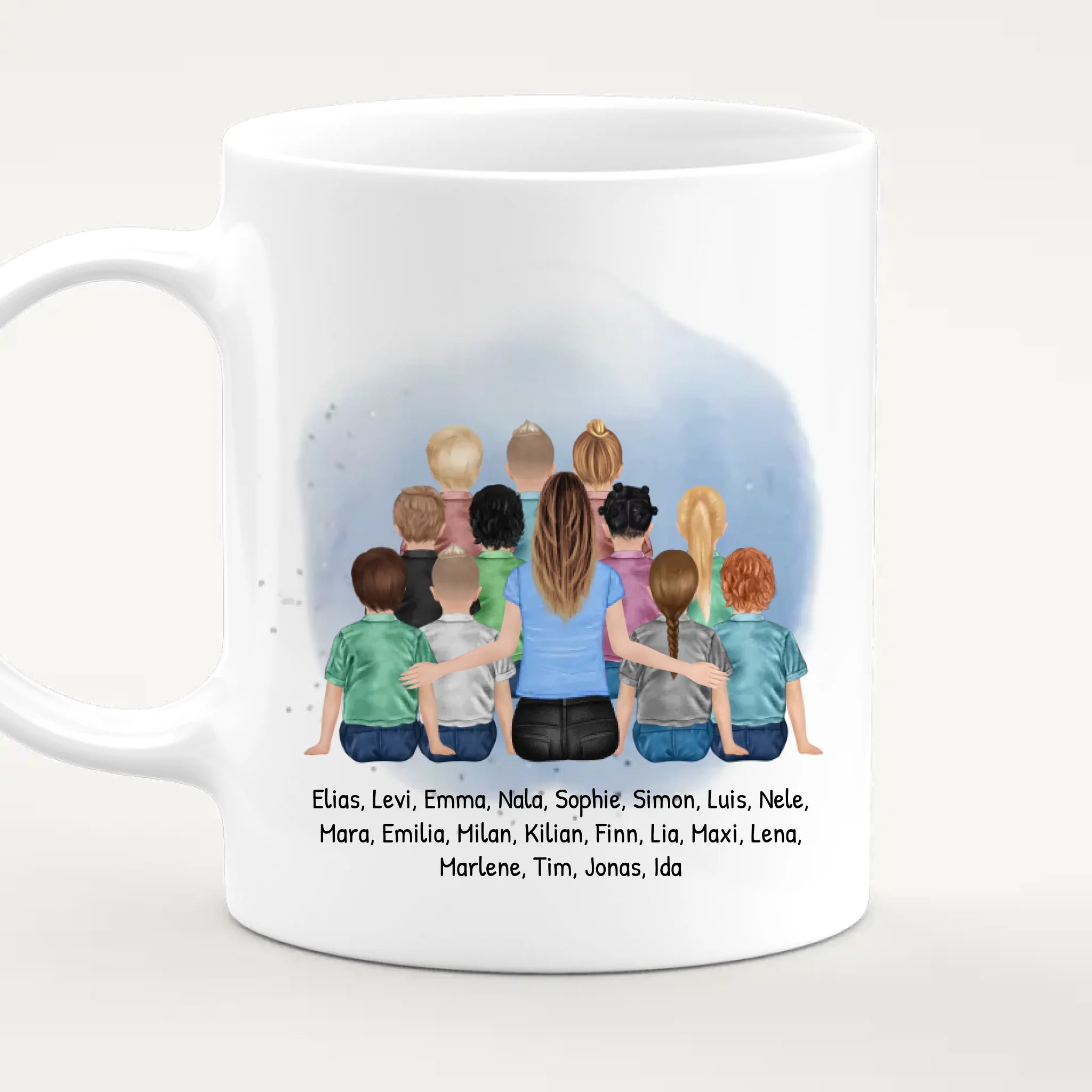 Personalisierte Tasse mit Erzieher/Erzieherin und Kindergartengruppe/Kita (11-26 Kinder)