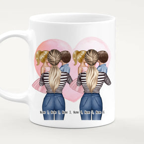 Personalisierte Tasse 2 Frauen mit je 1 Kind & 1 Baby