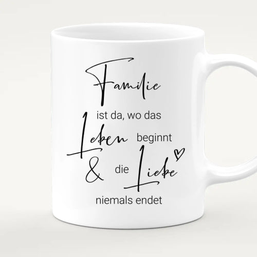Personalisierte Tasse mit Familie + 2 Hunde + 1 Katze (1 Kind)