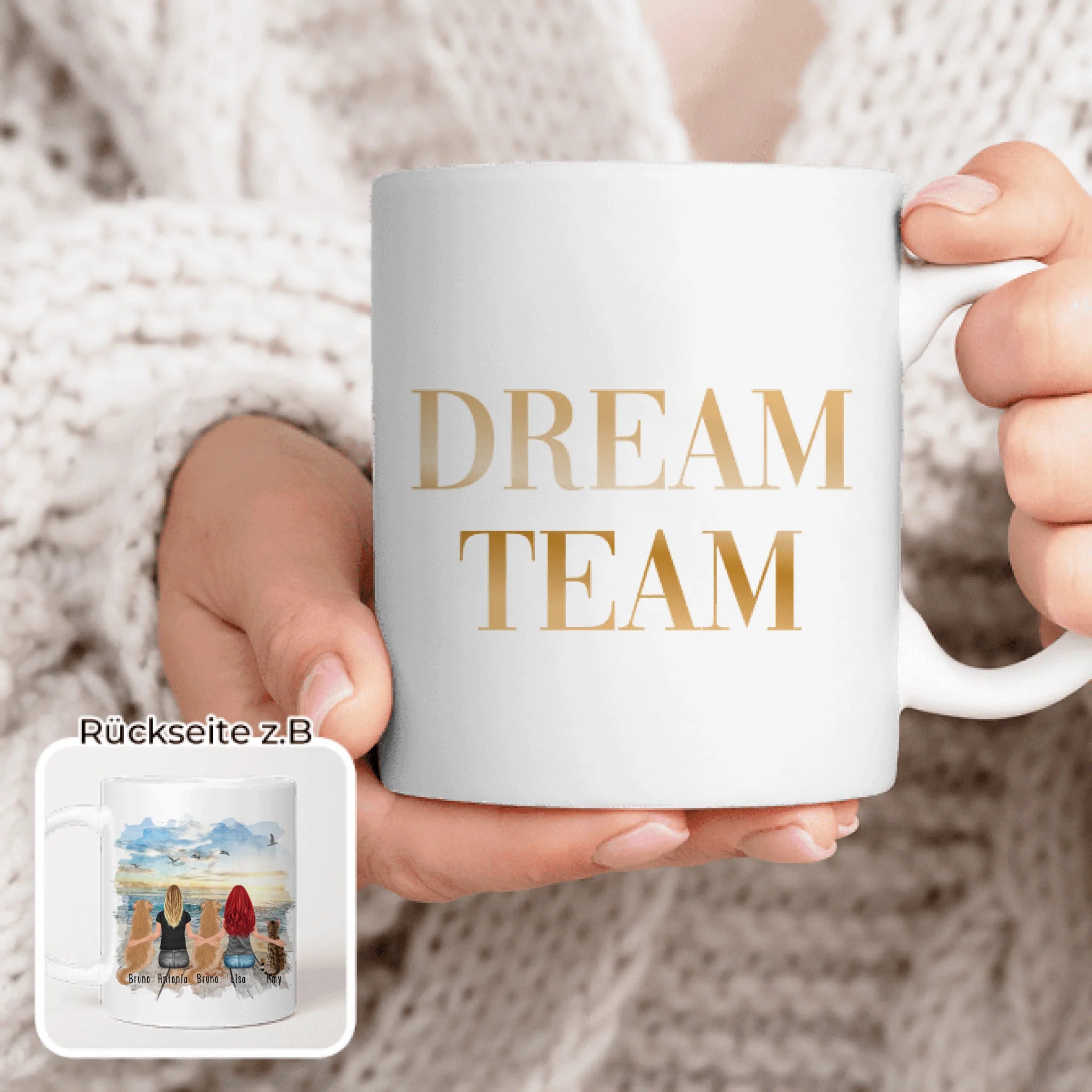 Personalisierte Tasse 2 Frauen + 2 Hunde + 1 Katze