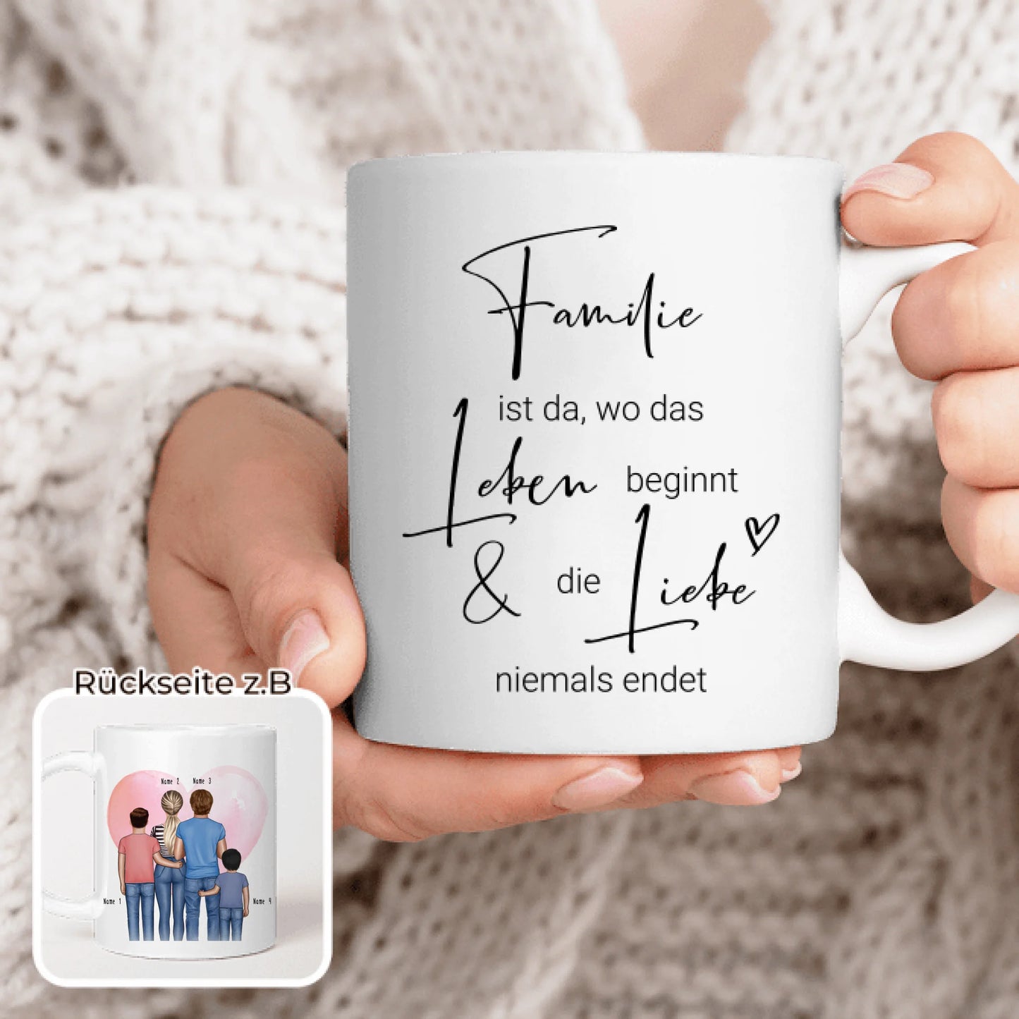 Personalisierte Tasse - Familie + 2 Babys/Kinder/Teenager stehend