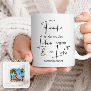 Personalisierte Tasse mit Familie + 2 Katzen (1 Kind)