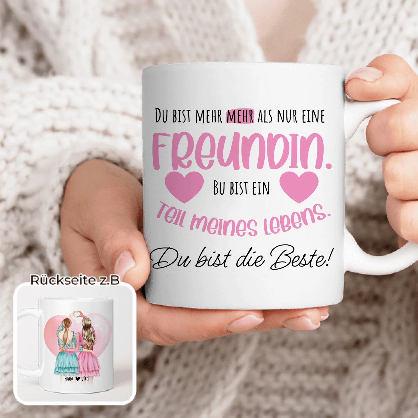 Personalisierte Tasse Beste Freundin (2 Freundinnen) - Herz mit Händen
