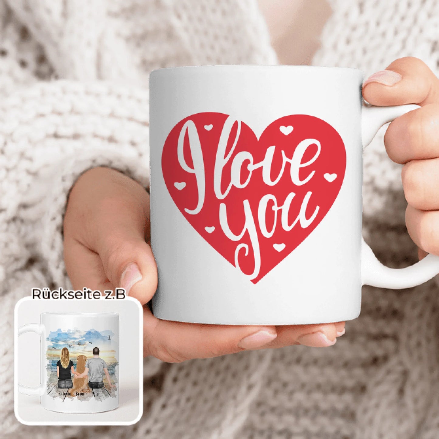 Personalisierte Tasse mit Pärchen und 1 Hund (Hund in der Mitte)