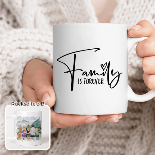 Personalisierte Tasse mit Familie + 1 Hund (2 Kinder)