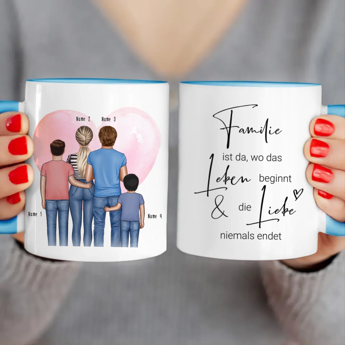 Personalisierte Tasse - Familie + 2 Babys/Kinder/Teenager stehend