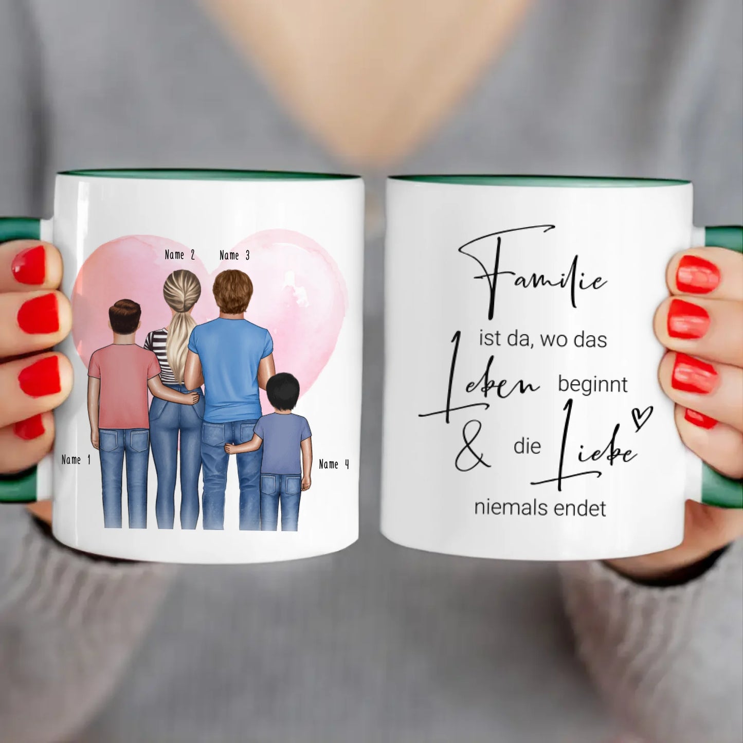 Personalisierte Tasse - Familie + 2 Babys/Kinder/Teenager stehend