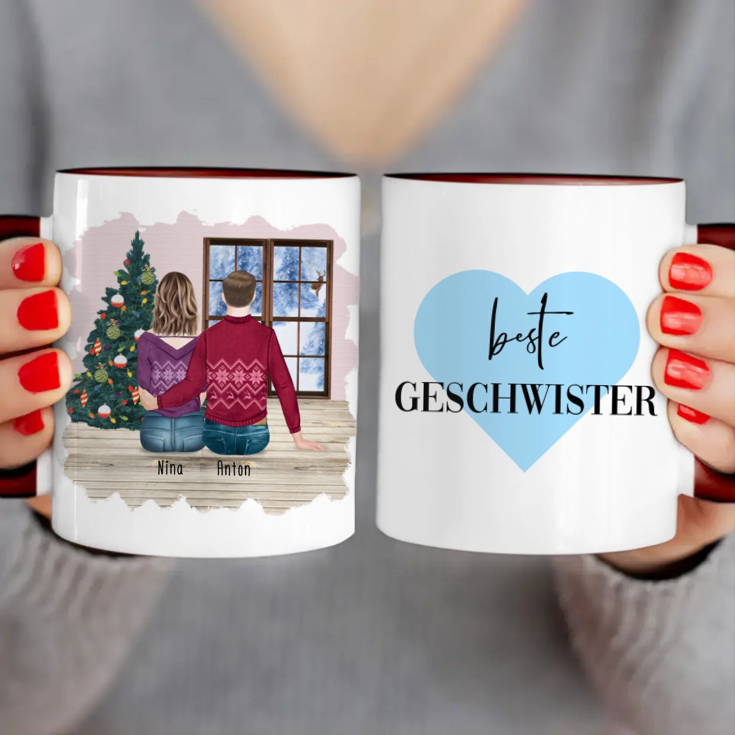 Personalisierte Tasse mit Bruder/Schwester (1 Schwester + 1 Bruder) - Weihnachtstasse