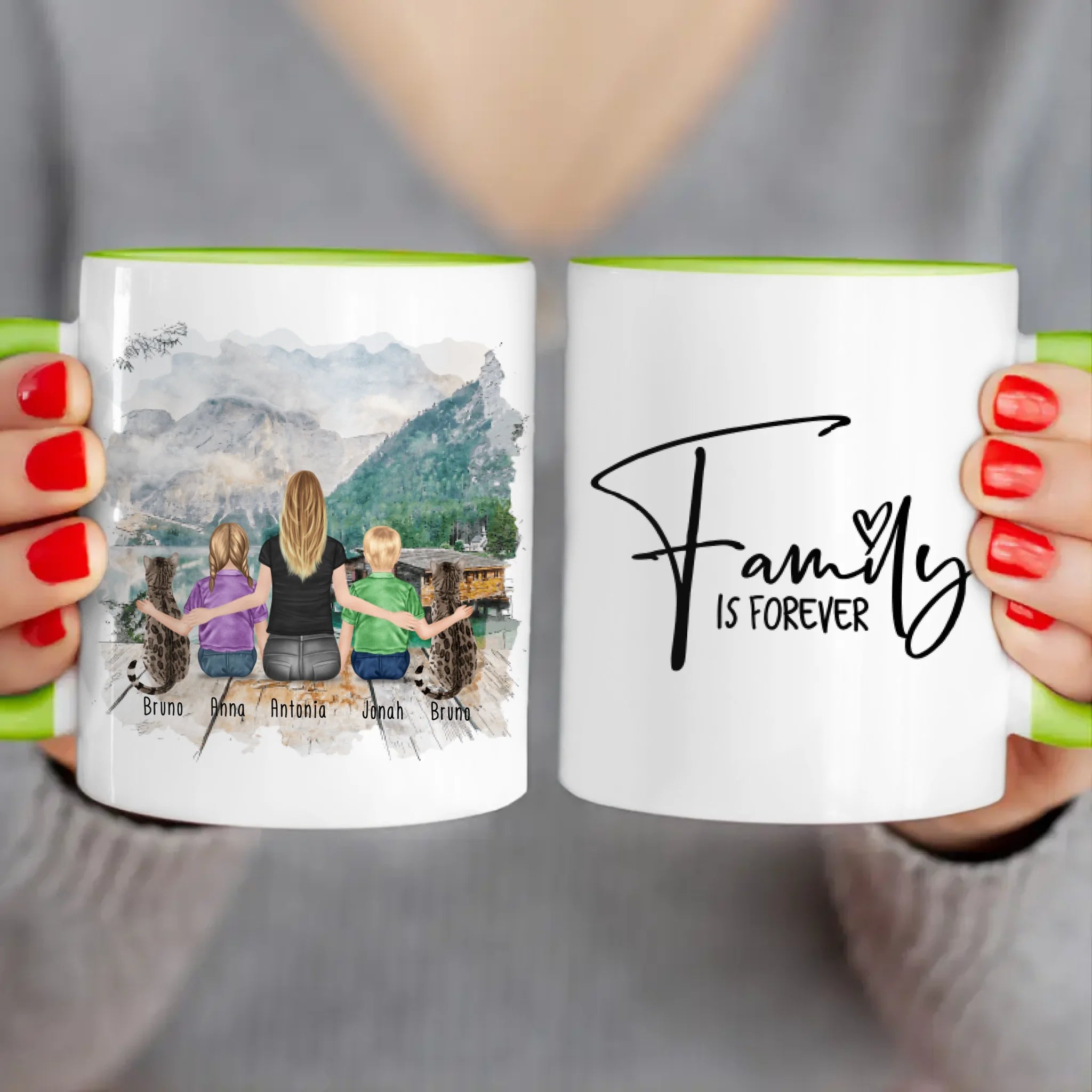 Personalisierte Tasse 1 Frau/Mama + 2 Kinder + 2 Katzen