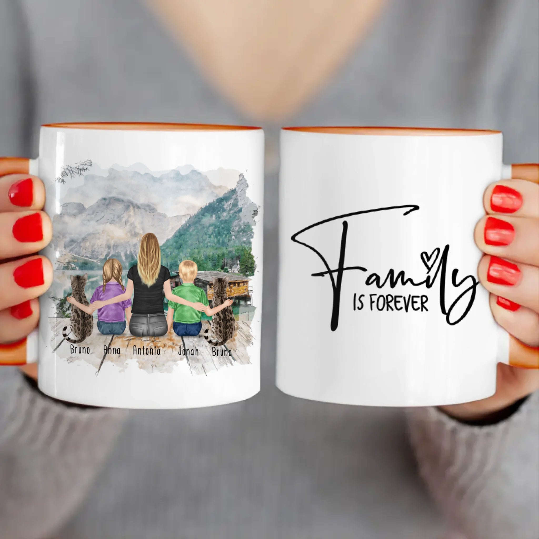 Personalisierte Tasse 1 Frau/Mama + 2 Kinder + 2 Katzen