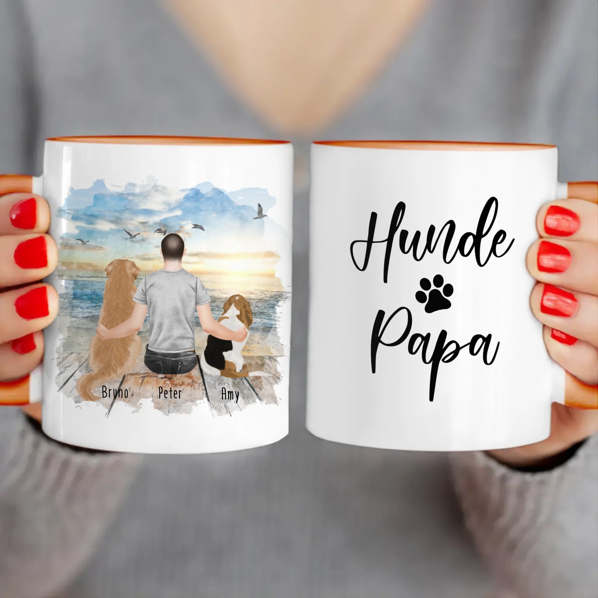 Personalisierte Tasse mit Hund und Mann (2 Hunde + 1 Mann)