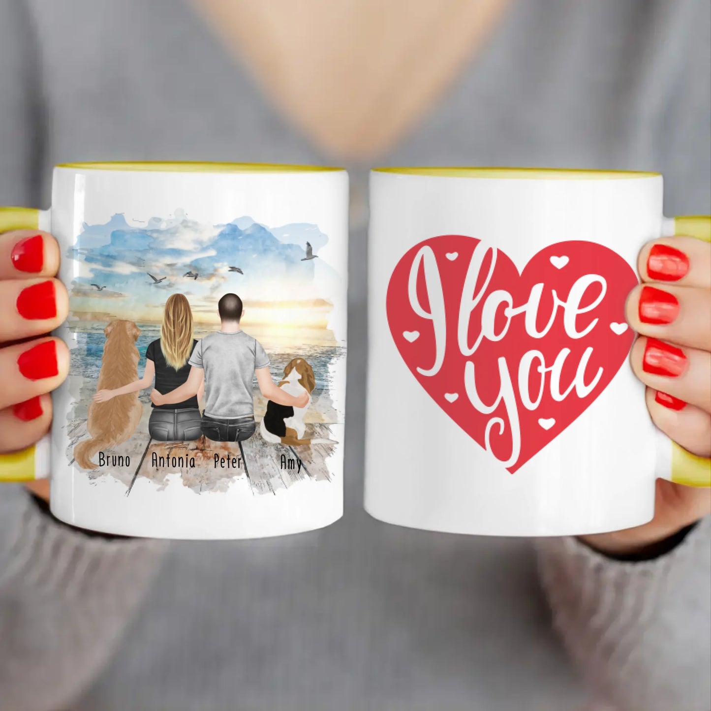 Personalisierte Tasse mit Pärchen und 2 Hunden