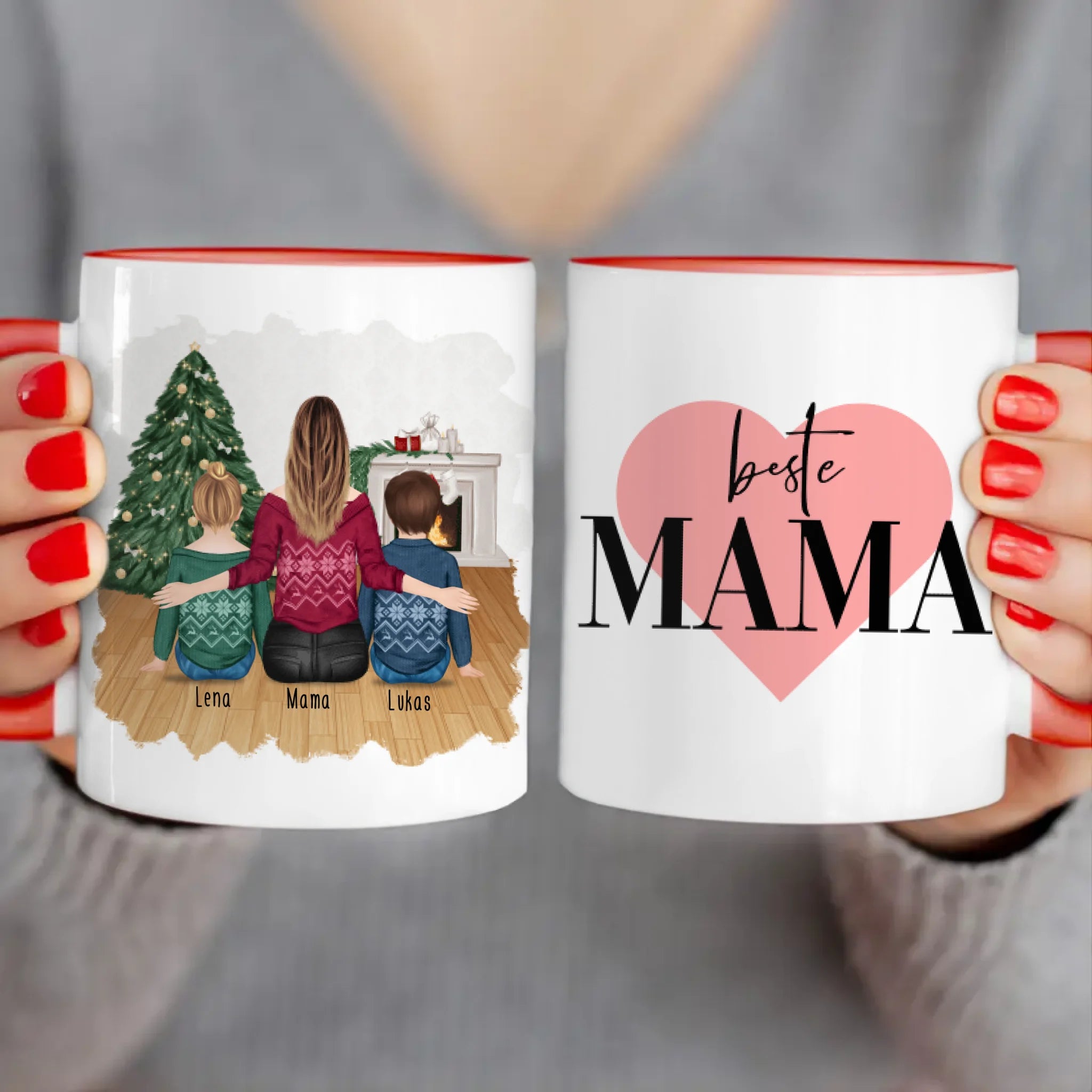 Personalisierte Tasse mit Mutter und Kindern (2 Kinder + 1 Mutter) - Weihnachtstasse