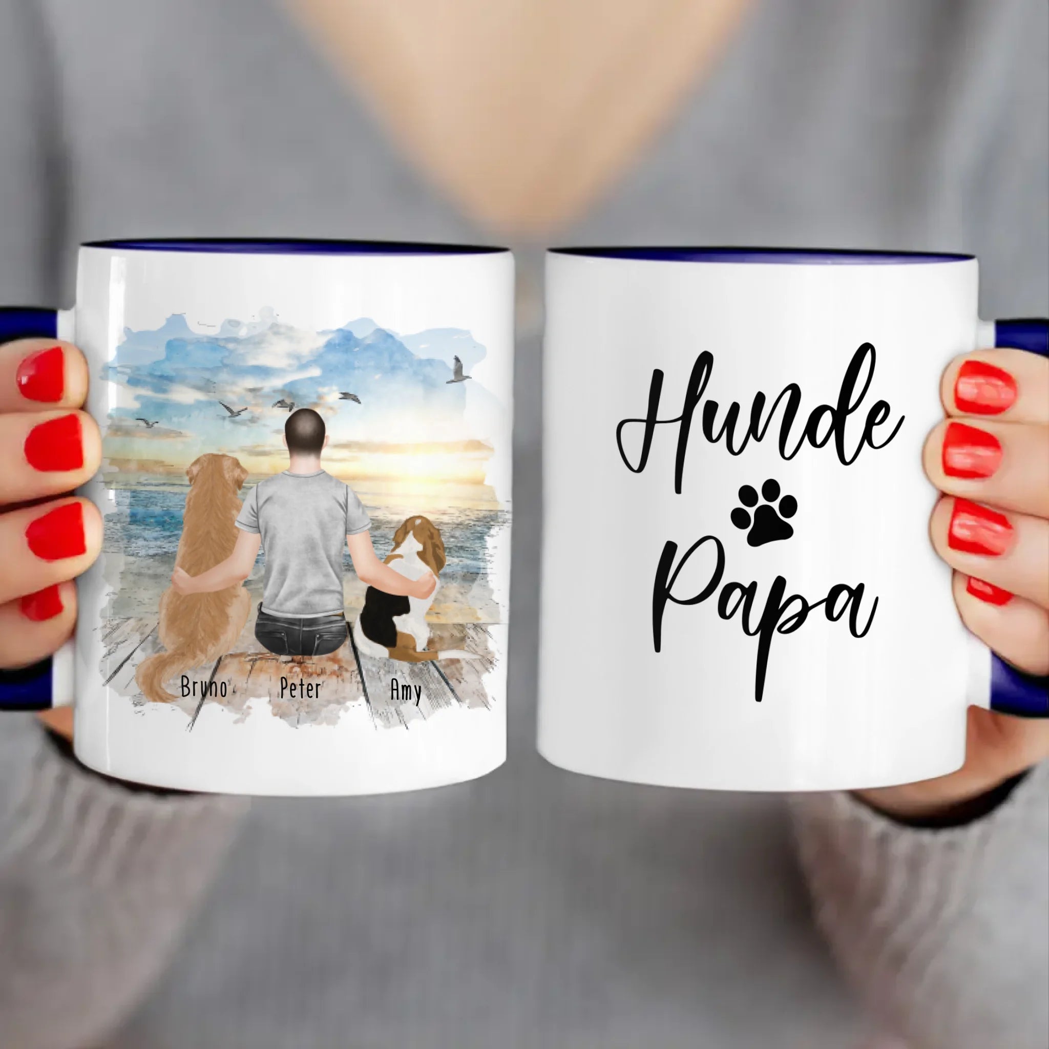 Personalisierte Tasse mit Hund und Mann (2 Hunde + 1 Mann)