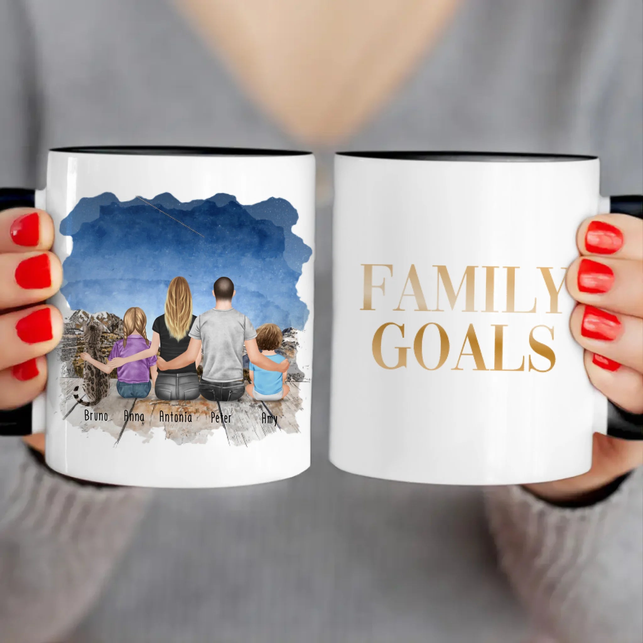 Personalisierte Tasse mit Familie + 1 Katze (1 Baby + 1 Kind)