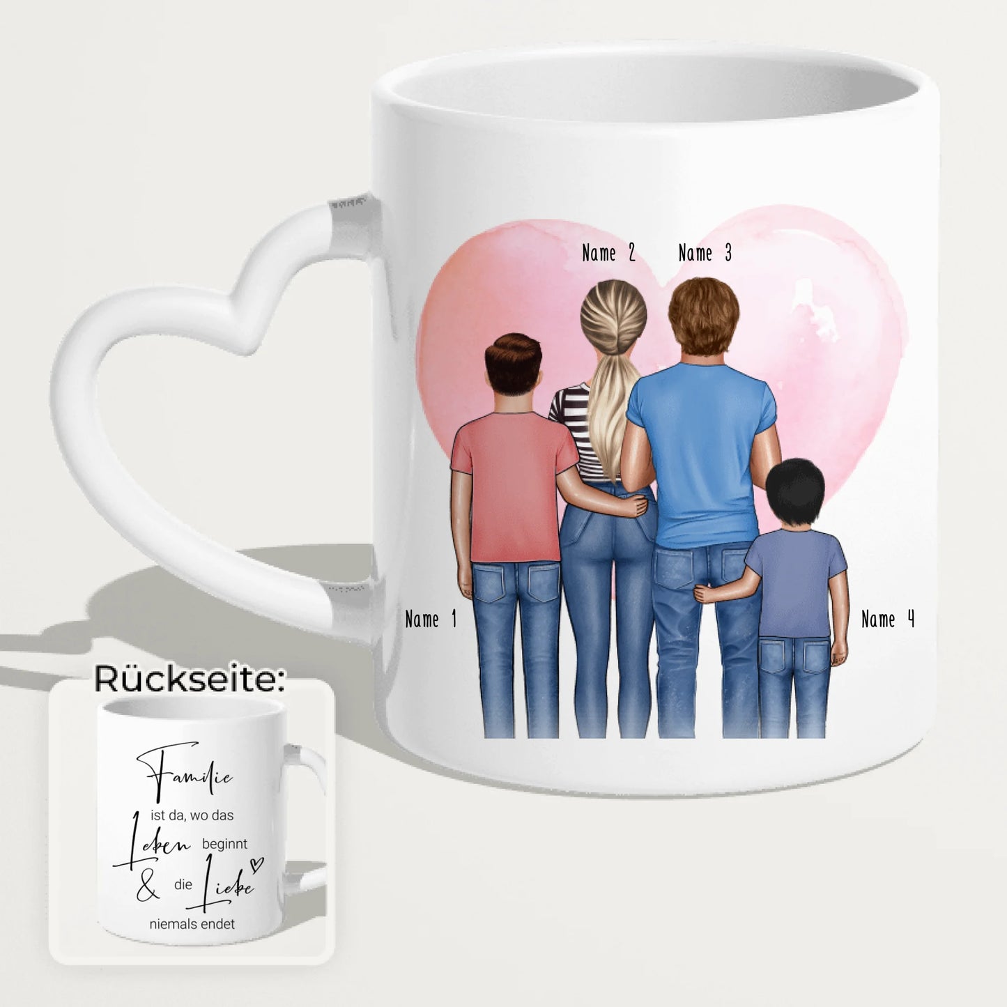 Personalisierte Tasse - Familie + 2 Babys/Kinder/Teenager stehend